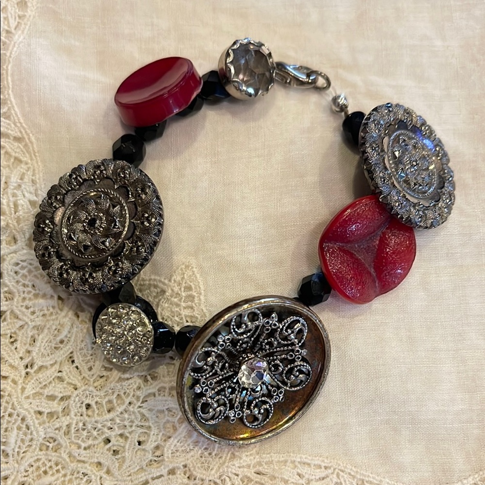 Elegant Red and Silver Vintage Button Bracelet
